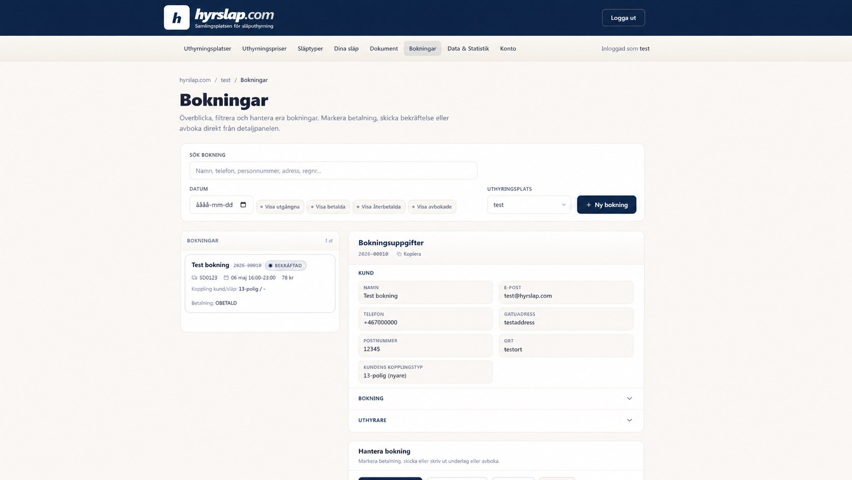 Skärmbild: Bokningsöversikt